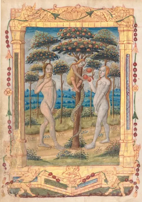 Framed Print : Leaf from a Book of Hours: Adam and Eve and the Fall of Man (recto)... c. 1510. Creator: Unknown Framed Print : Leaf from a Book of Hours: Adam and Eve and the Fall of Man (recto)... c. 1510. Creator: Unknown