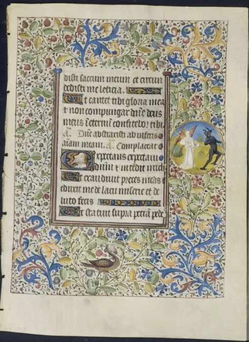 Framed Print : Leaf from a Book of Hours: Angel Chasing a Devil (recto), c. 1460. Creator: Coetivy Master Framed Print : Leaf from a Book of Hours: Angel Chasing a Devil (recto), c. 1460. Creator: Coetivy Master