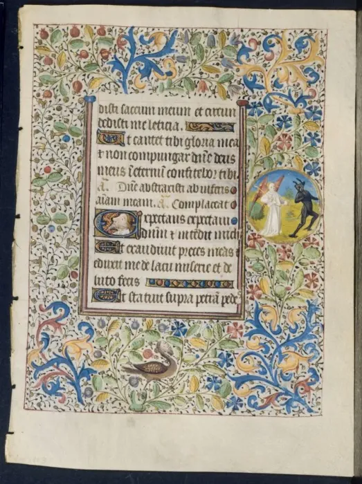 Framed Print : Leaf from a Book of Hours: Angel Chasing a Devil (recto) and Two Devils (verso), c Framed Print : Leaf from a Book of Hours: Angel Chasing a Devil (recto) and Two Devils (verso), c
