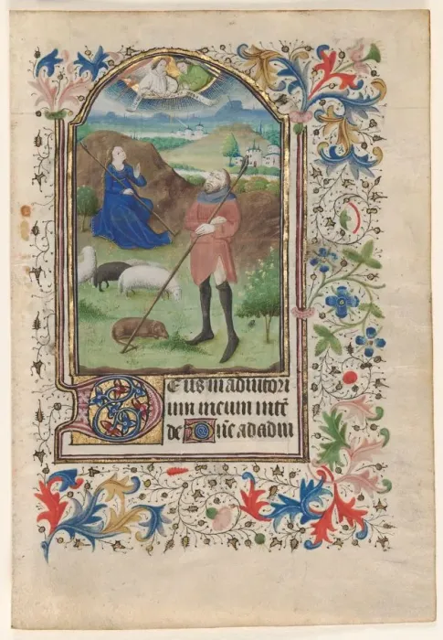 Framed Print : Leaf from a Book of Hours: Annunciation to the Shepherds, c. 1460. Creator: Unknown Framed Print : Leaf from a Book of Hours: Annunciation to the Shepherds, c. 1460. Creator: Unknown