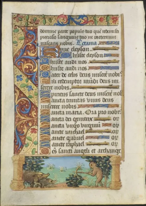Framed Print : Leaf from a Book of Hours: Ape Hunting Wild Boars, c. 1500-1510. Creator: Unknown Framed Print : Leaf from a Book of Hours: Ape Hunting Wild Boars, c. 1500-1510. Creator: Unknown