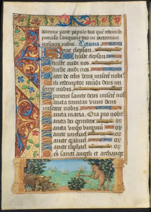 Framed Print : Leaf from a Book of Hours: Ape Hunting Wild Boars (recto) and Ape Fishing (verso), c Framed Print : Leaf from a Book of Hours: Ape Hunting Wild Boars (recto) and Ape Fishing (verso), c