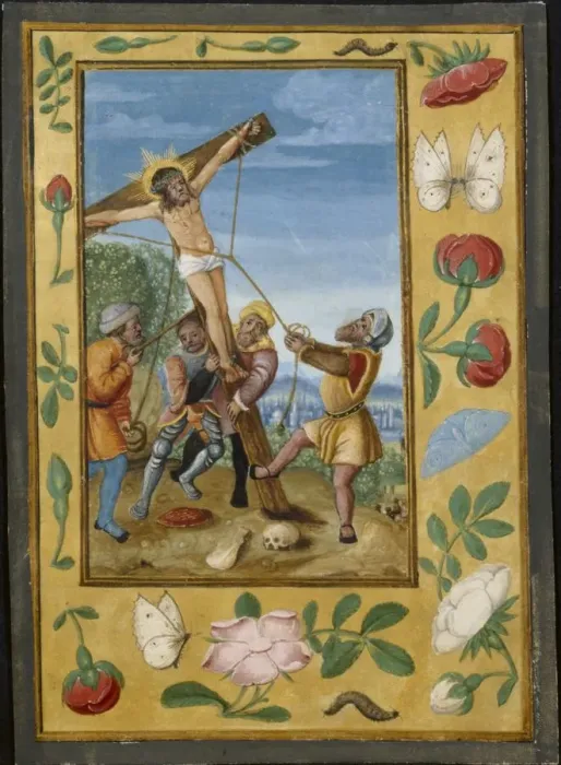 Framed Print : Leaf from a Book of Hours: The Raising of the Cross, c. 1510-1520. Creator: Unknown Framed Print : Leaf from a Book of Hours: The Raising of the Cross, c. 1510-1520. Creator: Unknown