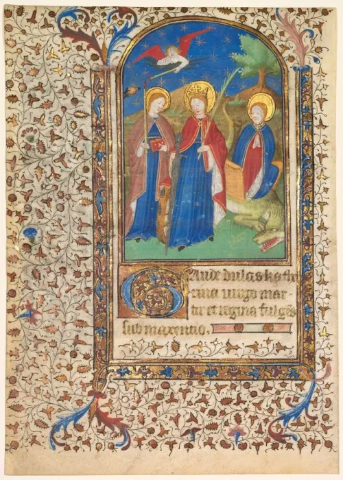 Framed Print : Leaf from a Book of Hours: Sts. Genevieve, Catherine of Alexandria, and Margaret (recto) Framed Print : Leaf from a Book of Hours: Sts. Genevieve, Catherine of Alexandria, and Margaret (recto)