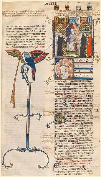 Leaf Excised from a Decretum by Gratian: Initial C... c. 1300-1310. Creator: Unknown