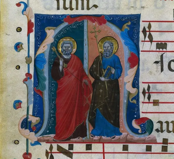 Framed Print : Leaf from a Gradual with Historiated Initial (M): SS. Peter and Andrew, c. 1320-1340 Framed Print : Leaf from a Gradual with Historiated Initial (M): SS. Peter and Andrew, c. 1320-1340
