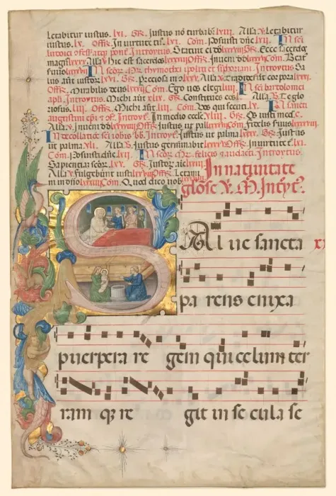 Framed Print : Leaf from a Gradual: Historiated Initial S[alve Sancta Parens] with Birth of the Virgin (recto), c
