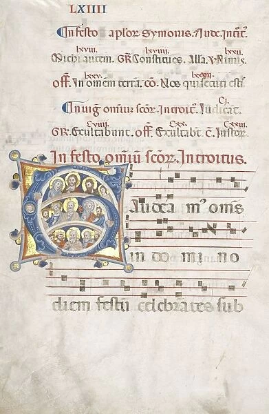 Leaf from a Gradual: Initial (G) with Christ, the Virgin, and Apostles, c. 1300. Creator: Unknown