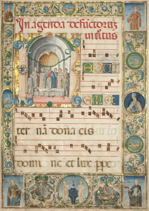 Framed Print : Leaf from a Gradual: Initial (R) with Mass for the Dead (recto), c. 1480. Creator Framed Print : Leaf from a Gradual: Initial (R) with Mass for the Dead (recto), c. 1480. Creator