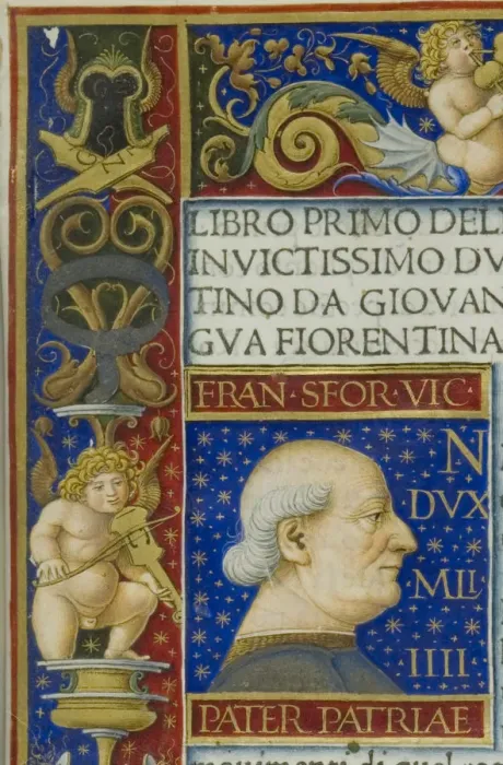 Framed Print : A leaf from the La Sforziada with the portrait of Francesco Sforza in the initial space, 1479 Framed Print : A leaf from the La Sforziada with the portrait of Francesco Sforza in the initial space, 1479