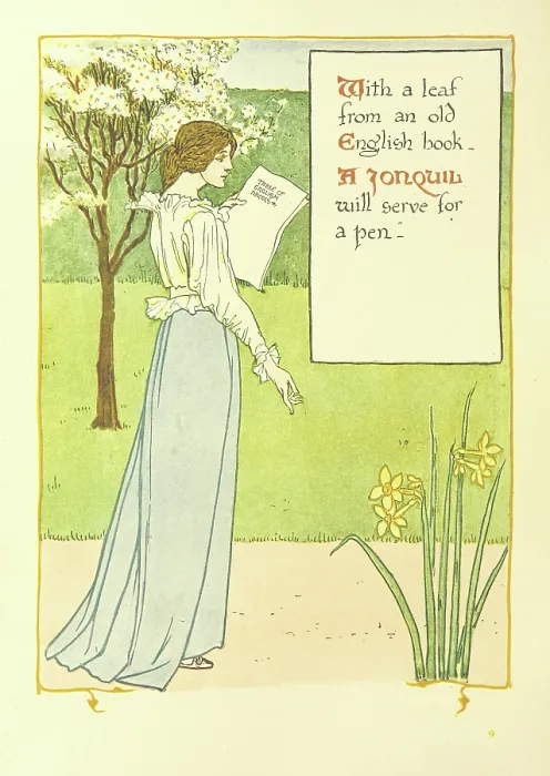 Framed Print : With a leaf from an old English book, A Jonquil will serve for a pen, 1899. Creator: Walter Crane Framed Print : With a leaf from an old English book, A Jonquil will serve for a pen, 1899. Creator: Walter Crane