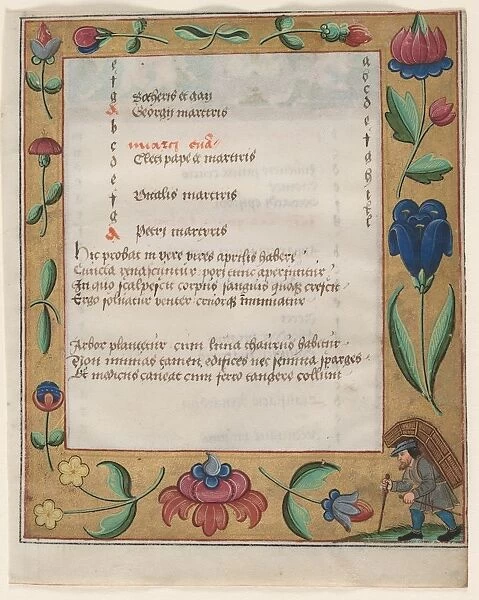 Leaf from a Psalter and Prayerbook: Calendar Page with Peasant (recto) and Calendar