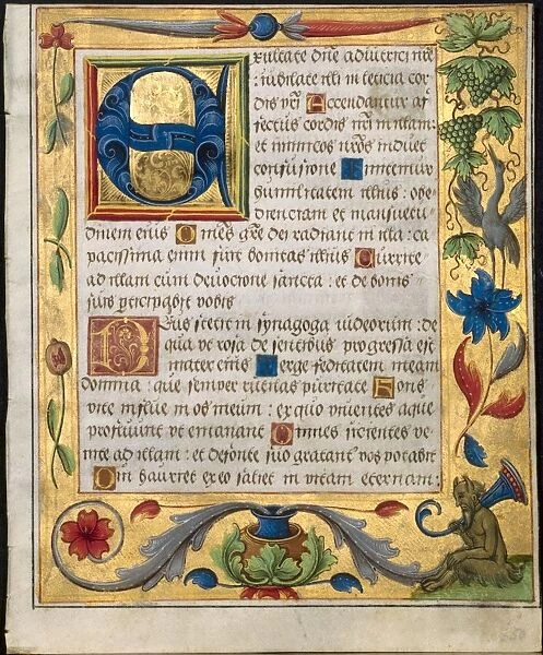 Leaf from a Psalter and Prayerbook: Initial E with Ornamental Border... (recto), c