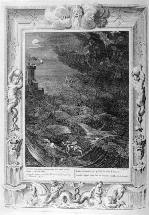 Framed Print : Leander Swims Over the Hellespont to Meet his Mistress Hero, 1733. Artist: Bernard Picart Framed Print : Leander Swims Over the Hellespont to Meet his Mistress Hero, 1733. Artist: Bernard Picart