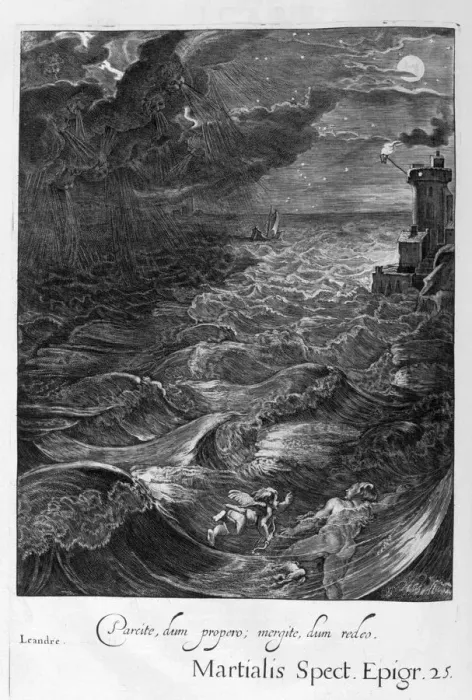 Framed Print : Leander Swims Over the Hellespont to Meet his Mistress Hero, 1655. Artist: Michel de Marolles Framed Print : Leander Swims Over the Hellespont to Meet his Mistress Hero, 1655. Artist: Michel de Marolles