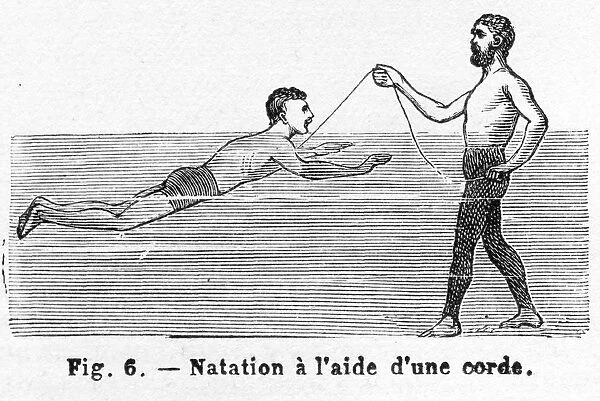 Learning to Swim using a Cord, pub. 1885 (engraving), 1885. Creator: French School (19th Century)