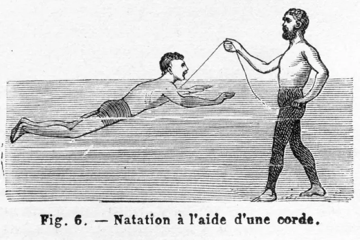 Framed Print : Learning to Swim using a Cord, pub. 1885 (engraving), 1885. Creator: French School (19th Century) Framed Print : Learning to Swim using a Cord, pub. 1885 (engraving), 1885. Creator: French School (19th Century)