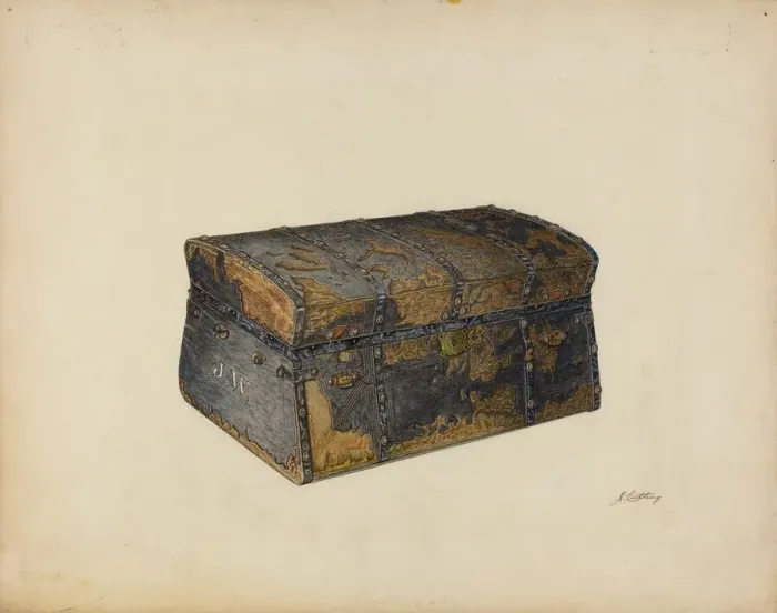 Framed Print : Leather Covered Trunk, c. 1939. Creator: John Cutting Framed Print : Leather Covered Trunk, c. 1939. Creator: John Cutting