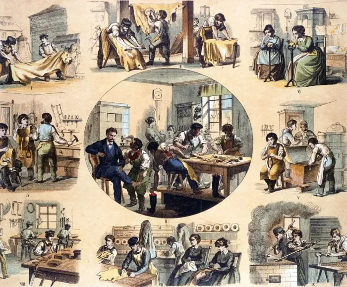 Framed Print : Leather and its uses for purses, boots, gloves, saddles, luggage, etc. 1871. Creator: Unknown Framed Print : Leather and its uses for purses, boots, gloves, saddles, luggage, etc. 1871. Creator: Unknown