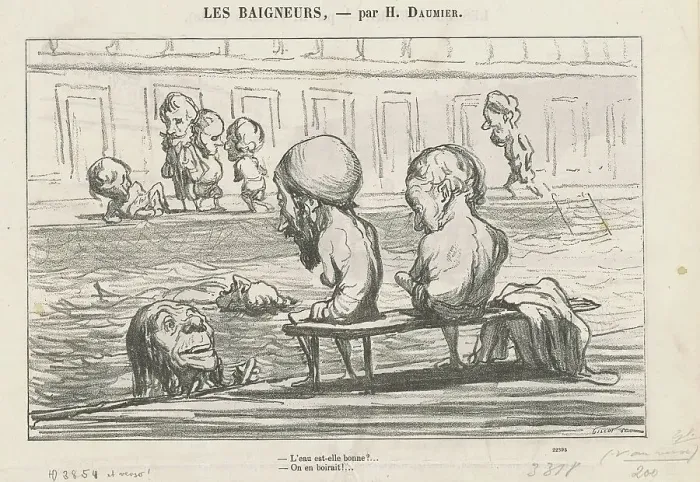 Framed Print : L'eau est-elle bonne?... / Une pleine eau, 19th century. Creator: Honore Daumier Framed Print : L'eau est-elle bonne?... / Une pleine eau, 19th century. Creator: Honore Daumier