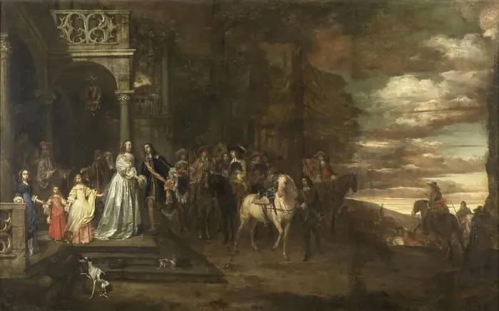 Framed Print : The Leavetaking of Captain Hendrik de Sandra (1619-1707), sent off by his Wife and Children, 1661. Creator: Pieter van Anraedt Framed Print : The Leavetaking of Captain Hendrik de Sandra (1619-1707), sent off by his Wife and Children, 1661. Creator: Pieter van Anraedt