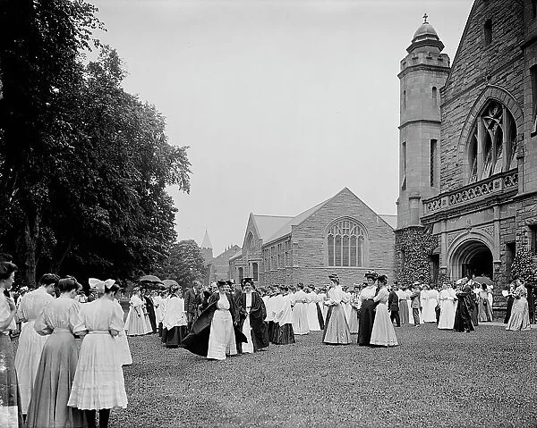 Leaving chapel [Mary Lyon Hall], Mount Holyoke College, South Hadley, Mass. c1908. Creator: William H. Jackson