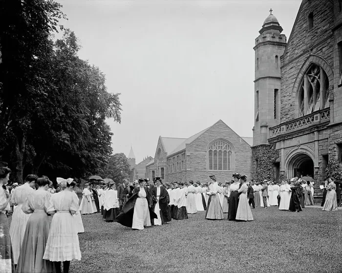 Framed Print : Leaving chapel [Mary Lyon Hall], Mount Holyoke College, South Hadley, Mass. c1908. Creator: William H. Jackson