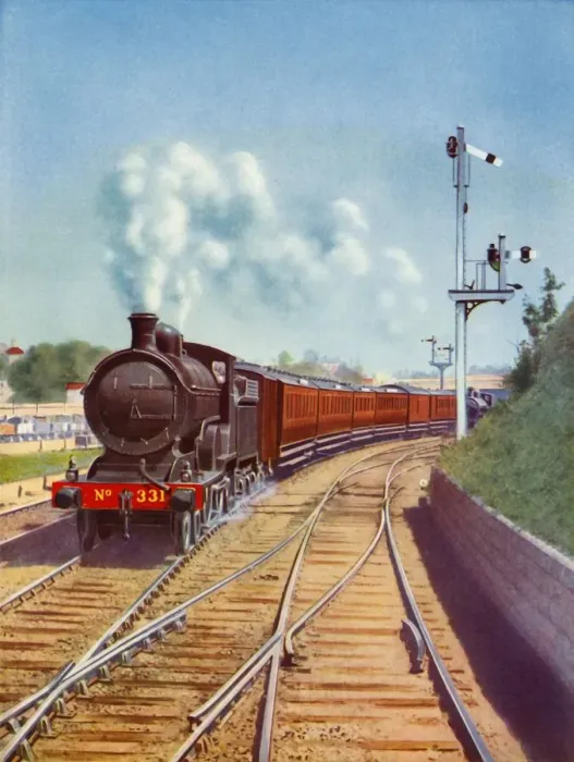 Framed Print : Leaving Dublin. Great Southern Railways train, hauled by a 4-4-0 passenger express, 1935 Framed Print : Leaving Dublin. Great Southern Railways train, hauled by a 4-4-0 passenger express, 1935
