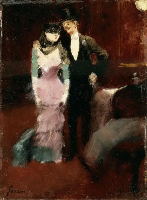 Framed Print : Leaving a Masquerade Ball at the Paris Opera, late 19th or early 20th century. Artist: Jean Louis Forain Framed Print : Leaving a Masquerade Ball at the Paris Opera, late 19th or early 20th century. Artist: Jean Louis Forain