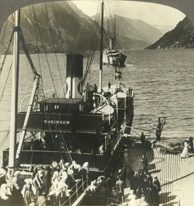Framed Print : Leaving Odde for an excursion down the picturesque mountain-walled Sorfjord, Norway, c1905 Framed Print : Leaving Odde for an excursion down the picturesque mountain-walled Sorfjord, Norway, c1905