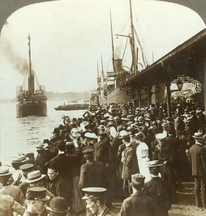 Framed Print : Leaving old home and friends - waving emigrants for America, Christiania, Norway, c1905 Framed Print : Leaving old home and friends - waving emigrants for America, Christiania, Norway, c1905