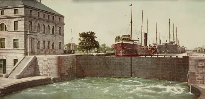 Framed Print : Leaving the Poe Lock, Sault Ste. Marie, Michigan, ca 1900. Creator: Unknown Framed Print : Leaving the Poe Lock, Sault Ste. Marie, Michigan, ca 1900. Creator: Unknown