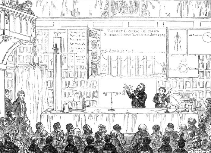 Framed Print : Lecture at the Charterhouse on Stephen Gray's discoveries in electricity, 1874. Creator: Unknown. Lecture at the Charterhouse on Stephen Gray's discoveries in electricity, 1874. Creator: Unknown Framed Print : Lecture at the Charterhouse on Stephen Gray's discoveries in electricity, 1874. Creator: Unknown. Lecture at the Charterhouse on Stephen Gray's discoveries in electricity, 1874. Creator: Unknown