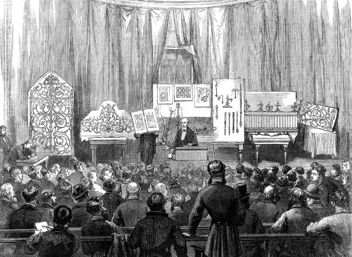 Framed Print : Lecture to working men on ornamental ironwork at the South Kensington Museum, 1870. Creator: D H F Framed Print : Lecture to working men on ornamental ironwork at the South Kensington Museum, 1870. Creator: D H F