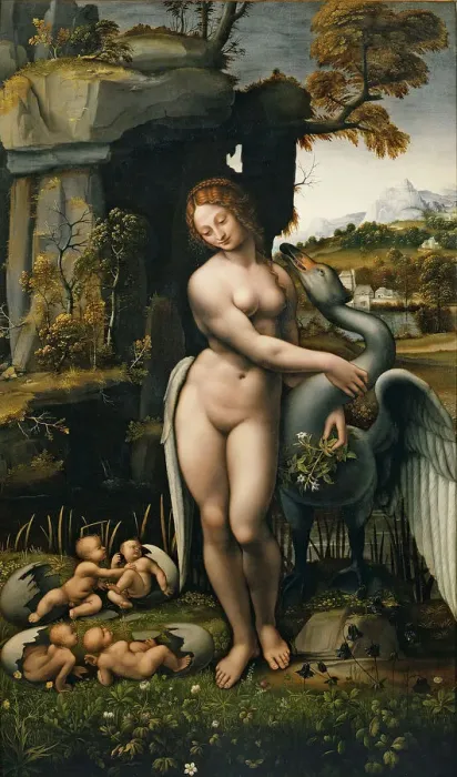 Framed Print : Leda and the Swan. Artist: Leonardo da Vinci, (School) Framed Print : Leda and the Swan. Artist: Leonardo da Vinci, (School)