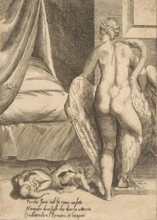 Framed Print : Leda and the Swan, from The Loves of the Gods, 1531-76. Creator: Giulio Bonasone Framed Print : Leda and the Swan, from The Loves of the Gods, 1531-76. Creator: Giulio Bonasone