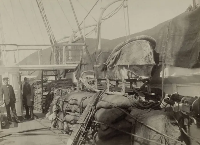 Framed Print : The Left Side of the Quarterdeck with Cargo for the Anadyr Expedition, 1889. Creator: Unknown Framed Print : The Left Side of the Quarterdeck with Cargo for the Anadyr Expedition, 1889. Creator: Unknown