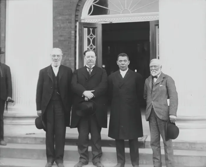 Framed Print : (Left to right) Robert C. Ogden, U.S. Secretary of War William Howard Taft, Booker T... 1906. Creator: Frances Benjamin Johnston Framed Print : (Left to right) Robert C. Ogden, U.S. Secretary of War William Howard Taft, Booker T... 1906. Creator: Frances Benjamin Johnston