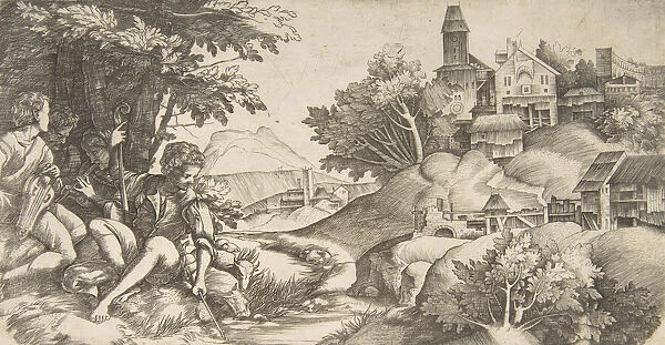 At left four shepherds with musical instruments seated under a group of trees... ca