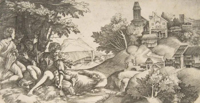 Framed Print : At left four shepherds with musical instruments seated under a group of trees... ca Framed Print : At left four shepherds with musical instruments seated under a group of trees... ca
