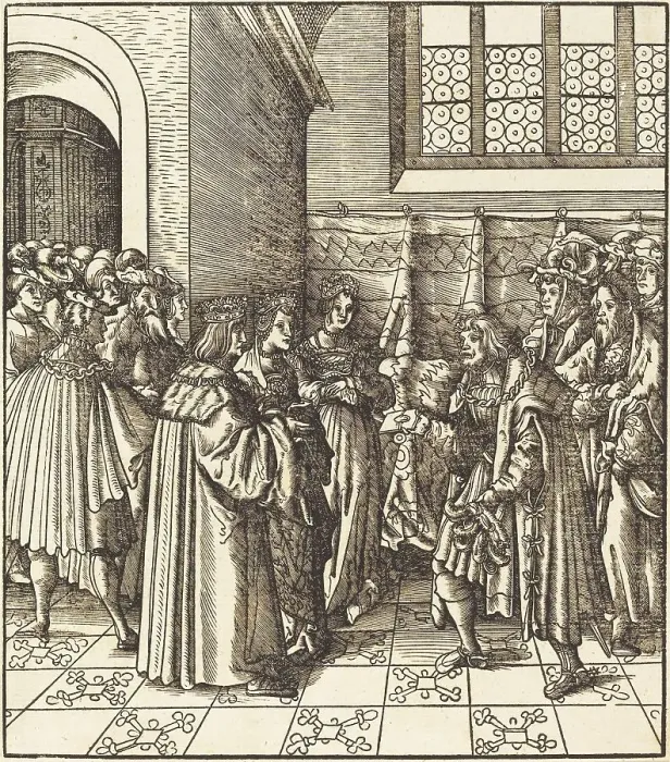 Framed Print : A Legation before a King, near Him Two Women Standing, 1514 / 1516. Creator: Leonhard Beck Framed Print : A Legation before a King, near Him Two Women Standing, 1514 / 1516. Creator: Leonhard Beck