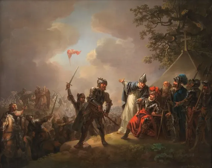 Framed Print : The Legend of the Danish Flag (the Dannebrog) Falling from the Heavens during the Battle... 1809. Creator: Christian August Lorentzen Framed Print : The Legend of the Danish Flag (the Dannebrog) Falling from the Heavens during the Battle... 1809. Creator: Christian August Lorentzen