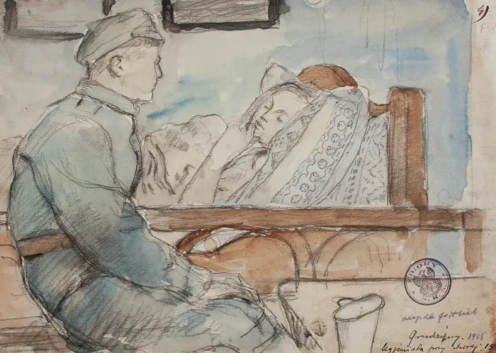 Framed Print : 'Legionary with a Sick Woman. Grudzyna, 1915', March-May 1915. Creator: Leopold Gottlieb Framed Print : 'Legionary with a Sick Woman. Grudzyna, 1915', March-May 1915. Creator: Leopold Gottlieb