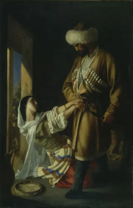Framed Print : Leila and Khadji Abrek (After the poem by M. Lermontov), 1852. Artist: Ge, Nikolai Nikolayevich (1831-1894)