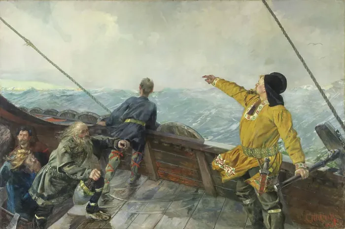 Framed Print : Leiv Eiriksson discovering America, 1893. Creator: Christian Krohg Framed Print : Leiv Eiriksson discovering America, 1893. Creator: Christian Krohg