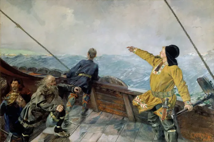 Framed Print : Leiv Eiriksson discovers America. Artist: Krohg, Christian (1852-1925) Framed Print : Leiv Eiriksson discovers America. Artist: Krohg, Christian (1852-1925)