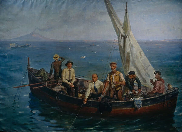 Lenin and the author Maxim Gorky with the Fishermen at the Capri Island, 1946. Artist: Tcheptsov, Yefim Mikhailovich (1875-1950)