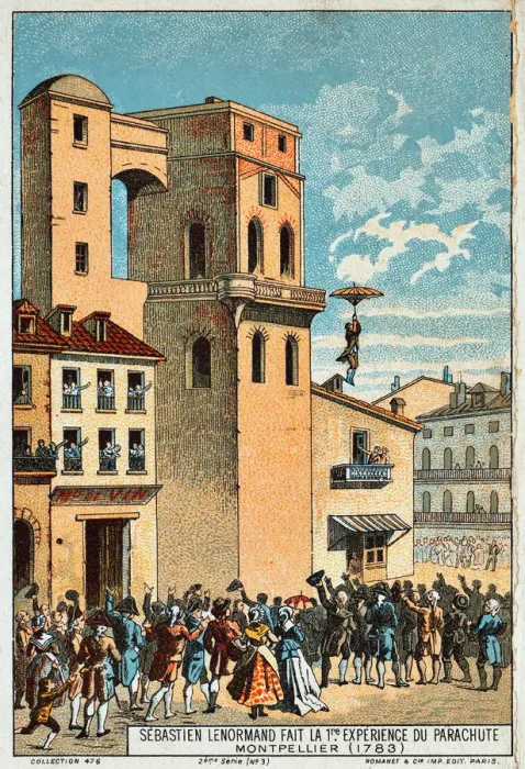 Framed Print : Lenormand jumps from the tower of the Montpellier observatory, 1783, 19th century. Artist: Anonymous Framed Print : Lenormand jumps from the tower of the Montpellier observatory, 1783, 19th century. Artist: Anonymous