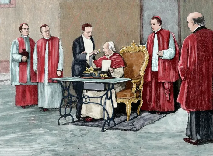 Framed Print : Leo XIII directs a phonograph message to the American Catholic people...jubilee, 1892. Creator: Rico Framed Print : Leo XIII directs a phonograph message to the American Catholic people...jubilee, 1892. Creator: Rico
