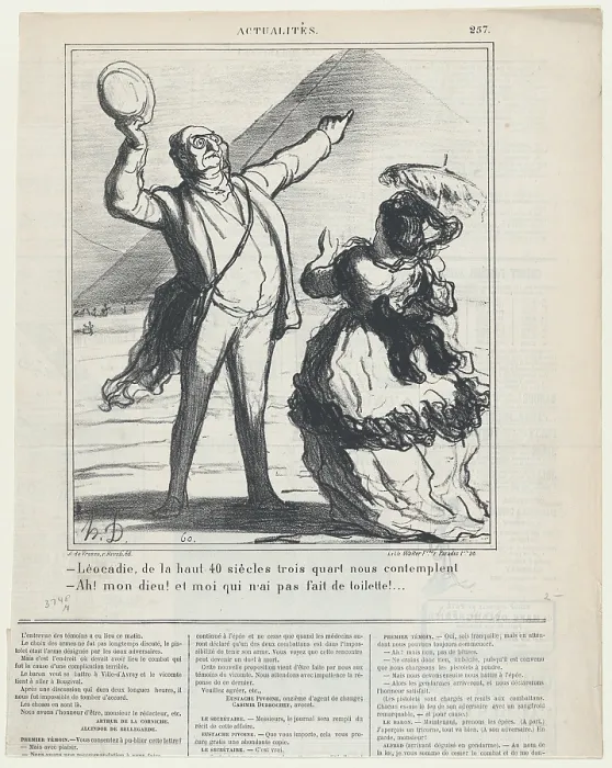 Framed Print : Leocadie, up there 40 centuries and three quarters are looming down upon us.... November 27, 1869. Creator: Honore Daumier Framed Print : Leocadie, up there 40 centuries and three quarters are looming down upon us.... November 27, 1869. Creator: Honore Daumier
